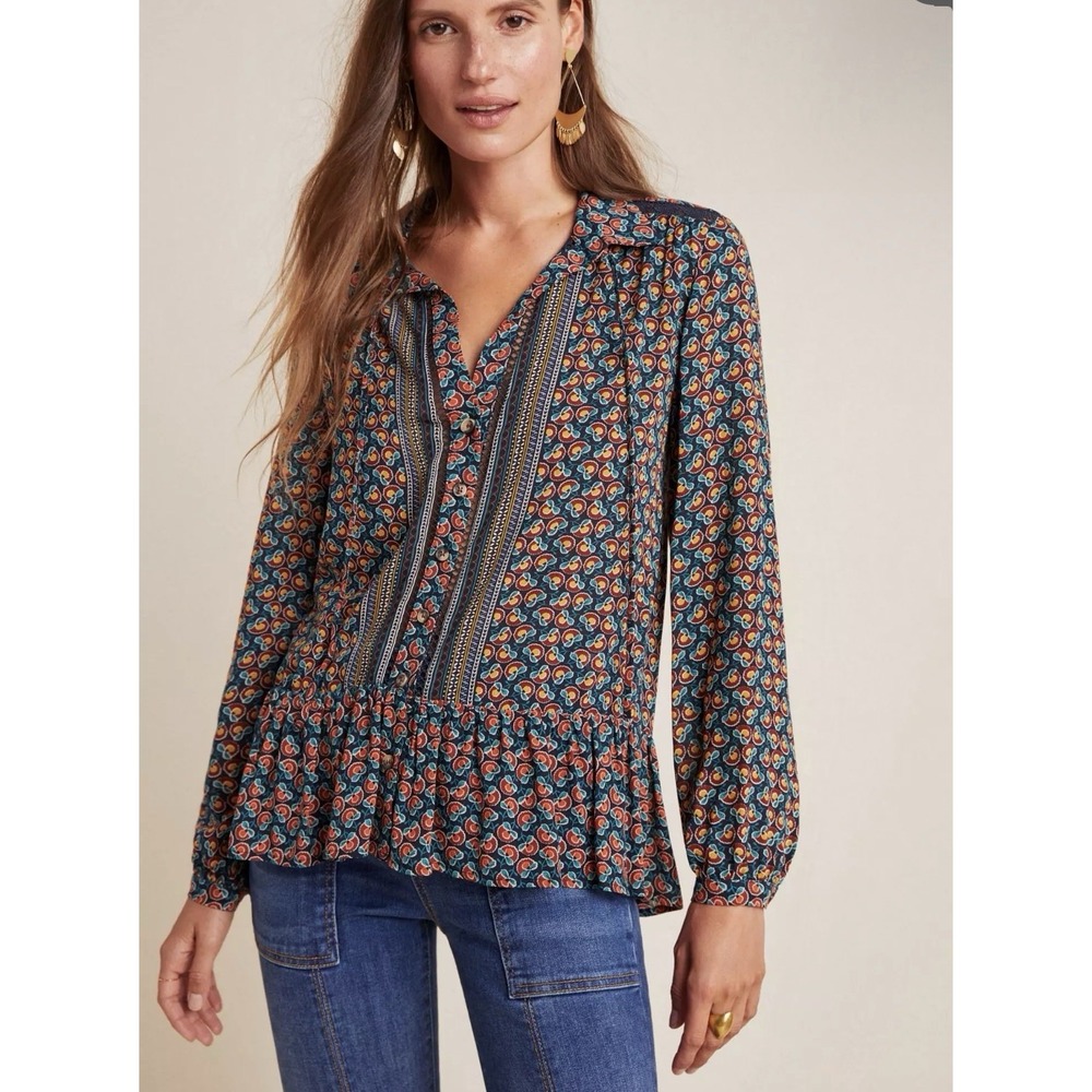 Women's Maeve By Anthropologie Janie Flounced Peasant Peplum Blouse Size 10 Boho